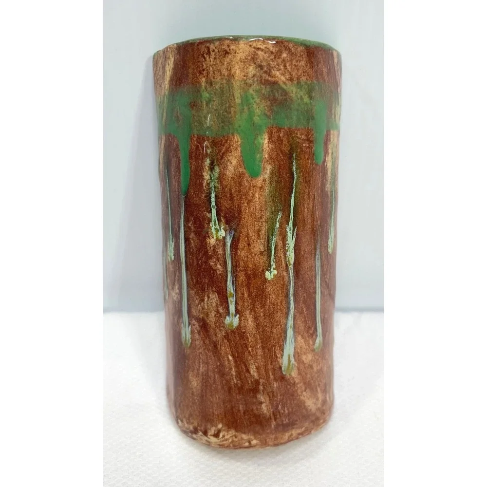 B. Gregory Handcrafted Studio Pottery Drip Glaze Ceramic Wall Pocket Vase Brown
